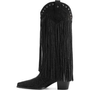 Black Rhinestone Fringe Cowgirl Boots Women Sparkly Western Pointed Toe Heel